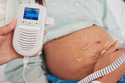 Buy stock photo Pregnant woman, doctor hands and heart rate monitor for baby healthcare, medical support or hospital gynecology. Pregnancy maternity consultation, patient stomach and gynecologist with fetal doppler