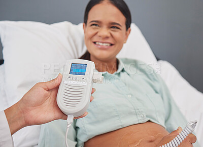 Buy stock photo Pregnant woman, doctor check or heart monitor for baby healthcare, medical support or hospital gynecology. Pregnancy maternity consultation, patient stomach or gynecologist with fetal doppler machine