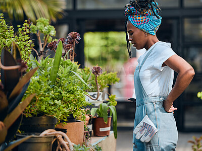 Buy stock photo Black woman, small business and tired at plants shop for garden, nursery or greenhouse retail. Entrepreneur working outdoor at plants startup store for sustainability, green environment and gardening