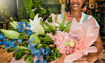 Bouquet, happy and woman shopping for flowers at a shop for spring, gift or gardening. Floral, entrepreneurship and florist with smile for plants, nature and ecology at an eco friendly small business