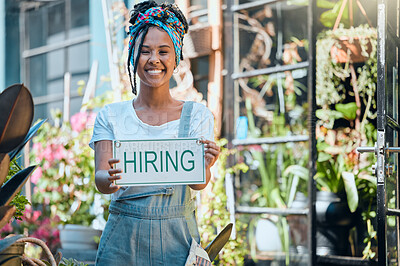 Buy stock photo Hiring sign, recruitment and onboarding with black woman in portrait, small business and entrepreneur with smile. Flower shop, florist and entrepreneurship, job opportunity and interview application