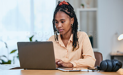 Buy stock photo Black woman, laptop and typing online email communication, planning strategy and working in home office. African girl, remote worker and data analysis  on digital tech device for web ux management
