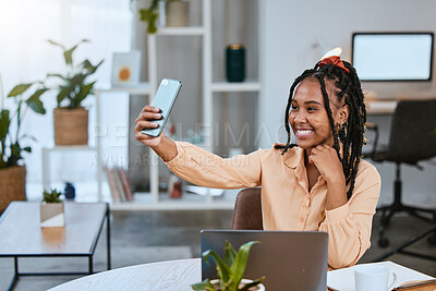 Buy stock photo Business woman, selfie and phone in a home office for social media profile update with a laptop. Black person happy while working on startup growth while online for target audience brand awareness
