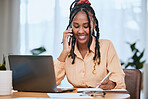 Black woman, laptop and phone call notes for online communication, planning strategy or writing in notebook. African girl, smile and talking on smartphone call for business schedule with tech device