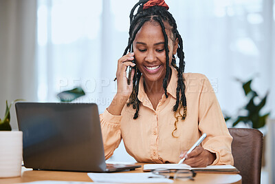 Buy stock photo Black woman, laptop and phone call notes for online communication, planning strategy or writing in notebook. African girl, smile and talking on smartphone call for business schedule with tech device