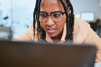 Buy stock photo Black woman, laptop stress and reading report problem, network issues or 404 glitch. African girl, thinking and remote web management, website design anxiety or cybersecurity error in home office