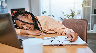 Buy stock photo Black woman, sleeping and studying in home office with a book while learning online with fatigue. Entrepreneur person tired, burnout and exhausted with remote work and startup business stress