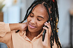 Black woman, phone and smile soothing neck pain in communication or medical advice to relax at home. African American female smiling on smartphone call for insurance, recover or talking indoors