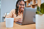 Laptop, research and report with a freelance black woman doing remote work online from her home office. Computer, small business and typing with a female employee or entrepreneur at work in a house