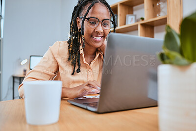 Buy stock photo Laptop, research and report with a freelance black woman doing remote work online from her home office. Computer, small business and typing with a female employee or entrepreneur at work in a house