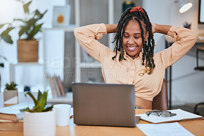 Buy stock photo Black woman, laptop and relax stretching reading online email communication and planning break in home office. African girl, corporate happiness and rest with digital tech device for web design 