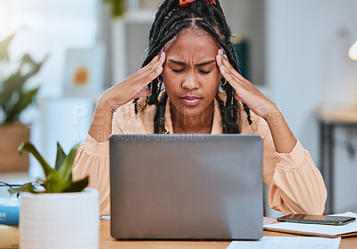 Buy stock photo Black woman, headache and depression with laptop while tired in home office of studying or working. Entrepreneur person stress, burnout and exhausted with fatigue for remote work and startup business
