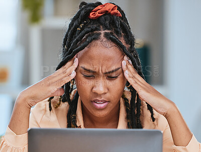 Buy stock photo Black woman, headache and stress with laptop glitch while depressed in home office. Entrepreneur person tired, burnout and fatigue with bad mental health for remote work and startup business