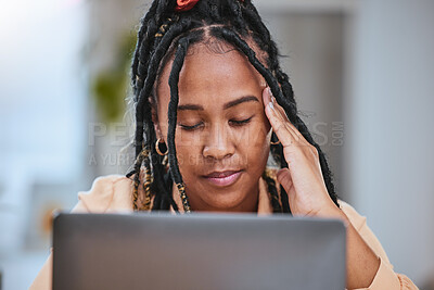 Buy stock photo Black woman, headache stress and working on laptop for planning strategy, overtime web design or schedule fatigue. Tired african girl, frustrated burnout and online networking anxiety or head pain