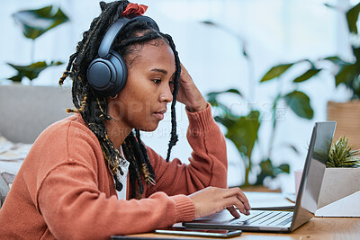Buy stock photo Thinking, black woman and laptop for remote work from home, concentration and typing with connection. Jamaican female, lady and freelancer with audio to text, focus and online research for project