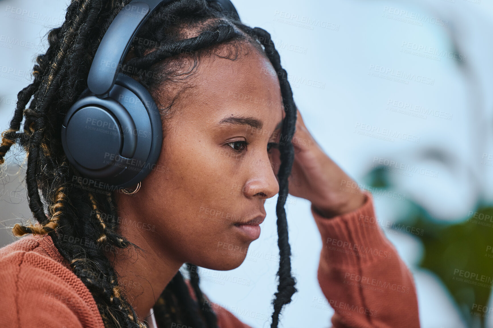 Buy stock photo Music, headphones and black woman thinking of mental health, ideas for staying calm and peace while studying. Student listening to podcast or person audio technology for university stress management