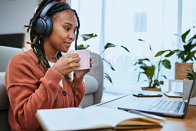 Buy stock photo Elearning, studying and woman with laptop and coffee for education, university work and virtual course. Email, happy and online student with tea reading feedback on a project on a computer in a house