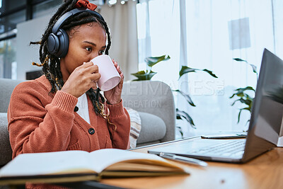 Buy stock photo Research, education and woman with laptop and coffee for elearning, university work and virtual course. Email, web and online student with tea reading feedback on a project on a computer in a house