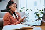 Black woman, tablet and student reading on laptop for online email communication and planning college schedule in home office. African girl, thinking and digital tech devices for elearning education