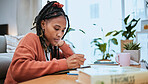 Student, education and black woman with books for studying, learning and notes in academic class. University, college and female focus at desk doing homework, assignment and school project at home