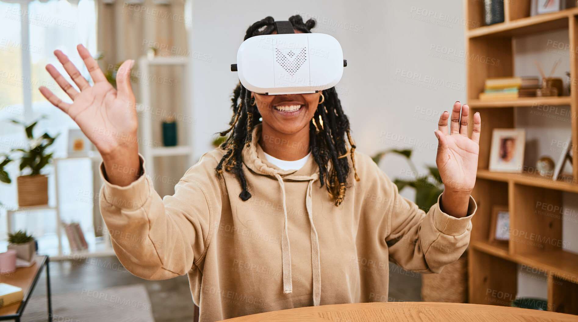 Buy stock photo Virtual reality, vr metaverse and happy black woman with cyber ui dashboard, augmented reality or future ai. Digital transformation, futuristic software study or creative student working with headset