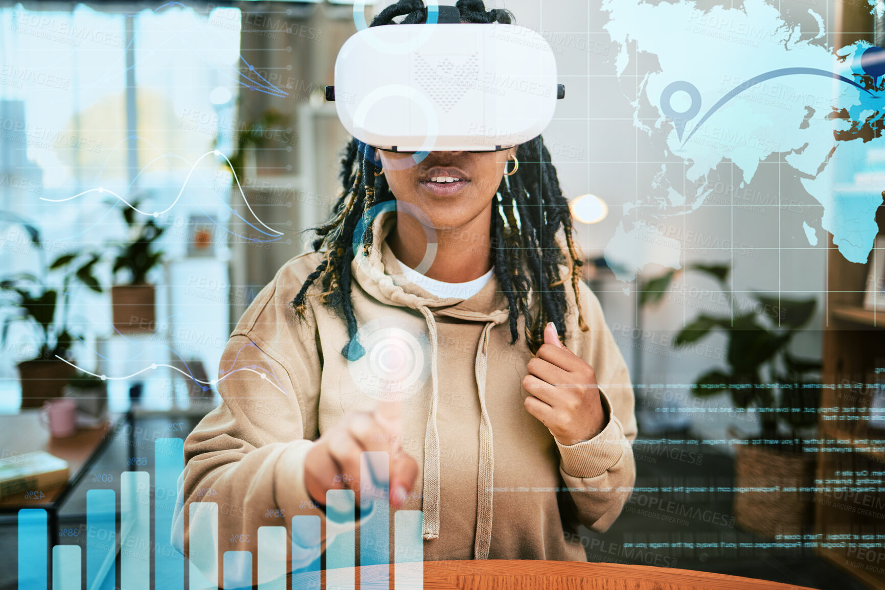 Buy stock photo Virtual reality, global data woman gesture for vr elearning, globalization education or future learning innovation. Knowledge metaverse, data overlay and black student study with ai augmented reality