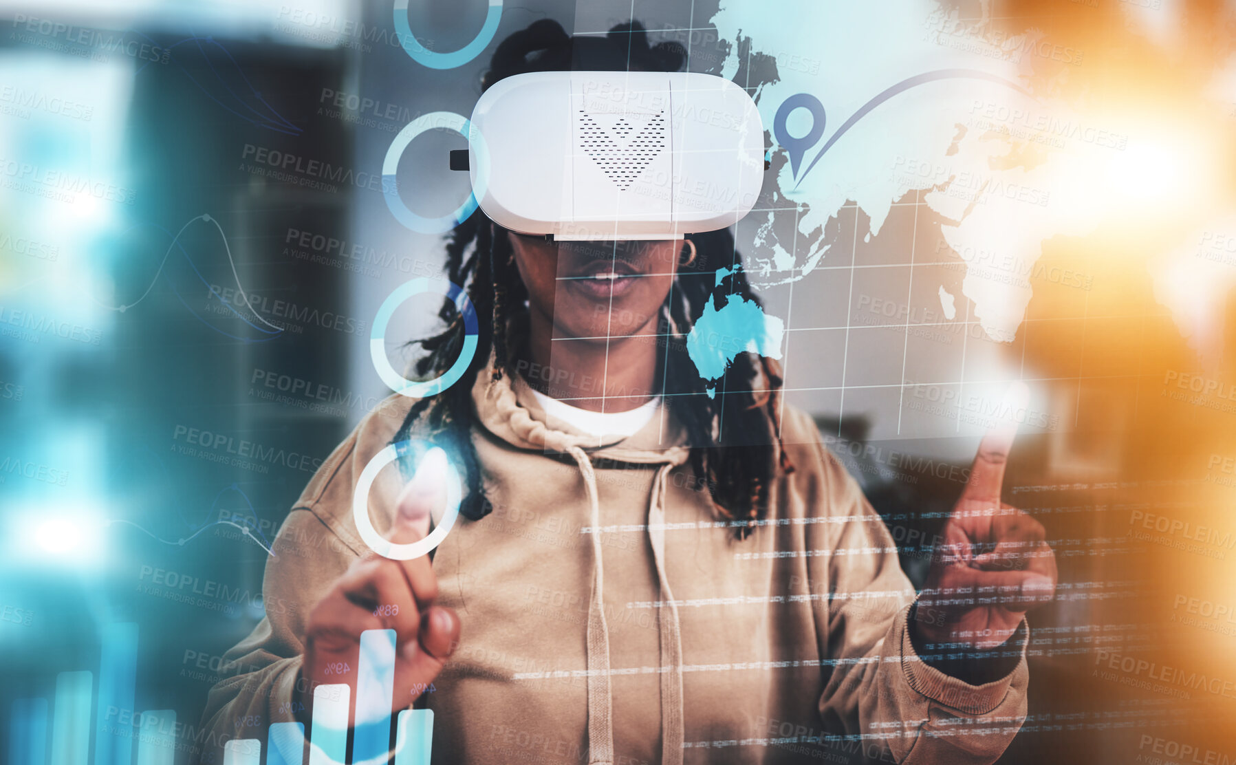 Buy stock photo Virtual reality, pointing or woman with global data for vr elearning, globalization or future education innovation. Knowledge metaverse, chart overlay or black student study with ai augmented reality