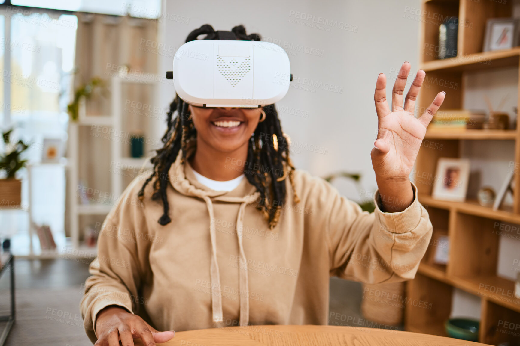 Buy stock photo Virtual reality, vr metaverse and black woman touch cyber ui dashboard, augmented reality or future ai. Digital transformation, futuristic software study or creative student working with ar headset