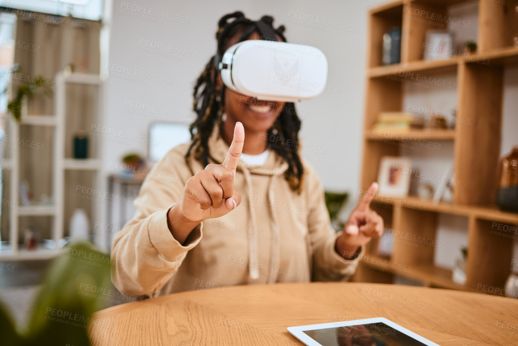 Buy stock photo Virtual reality, vr metaverse and black woman pointing at cyber dashboard, augmented reality or future ai. Digital transformation, futuristic software study and creative student working with headset