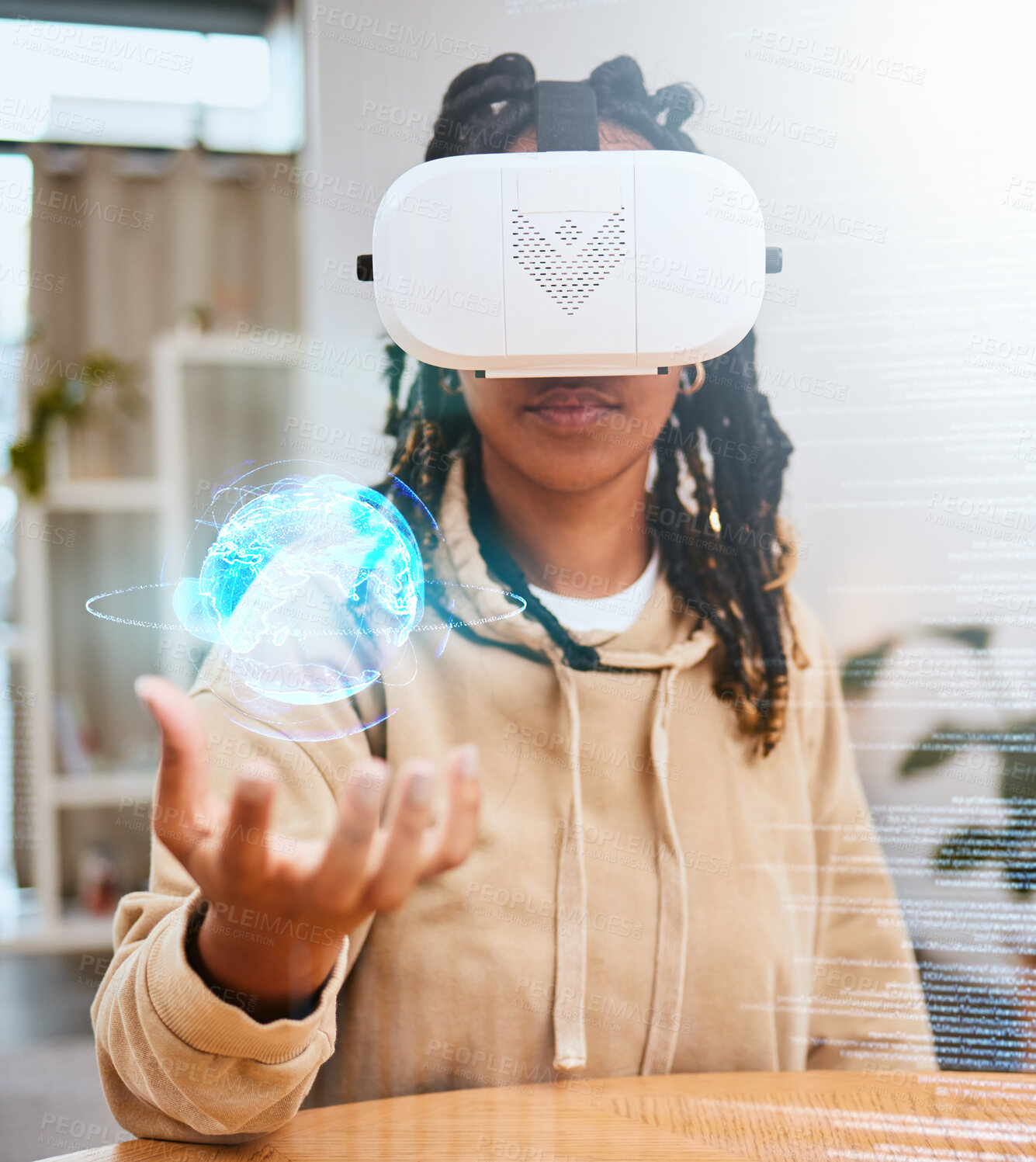 Buy stock photo Virtual reality, vr metaverse or woman with globe hologram, 3d cyber planet or ai augmented reality. Elearning, globalization overlay and black student with earth, world or future learning innovation