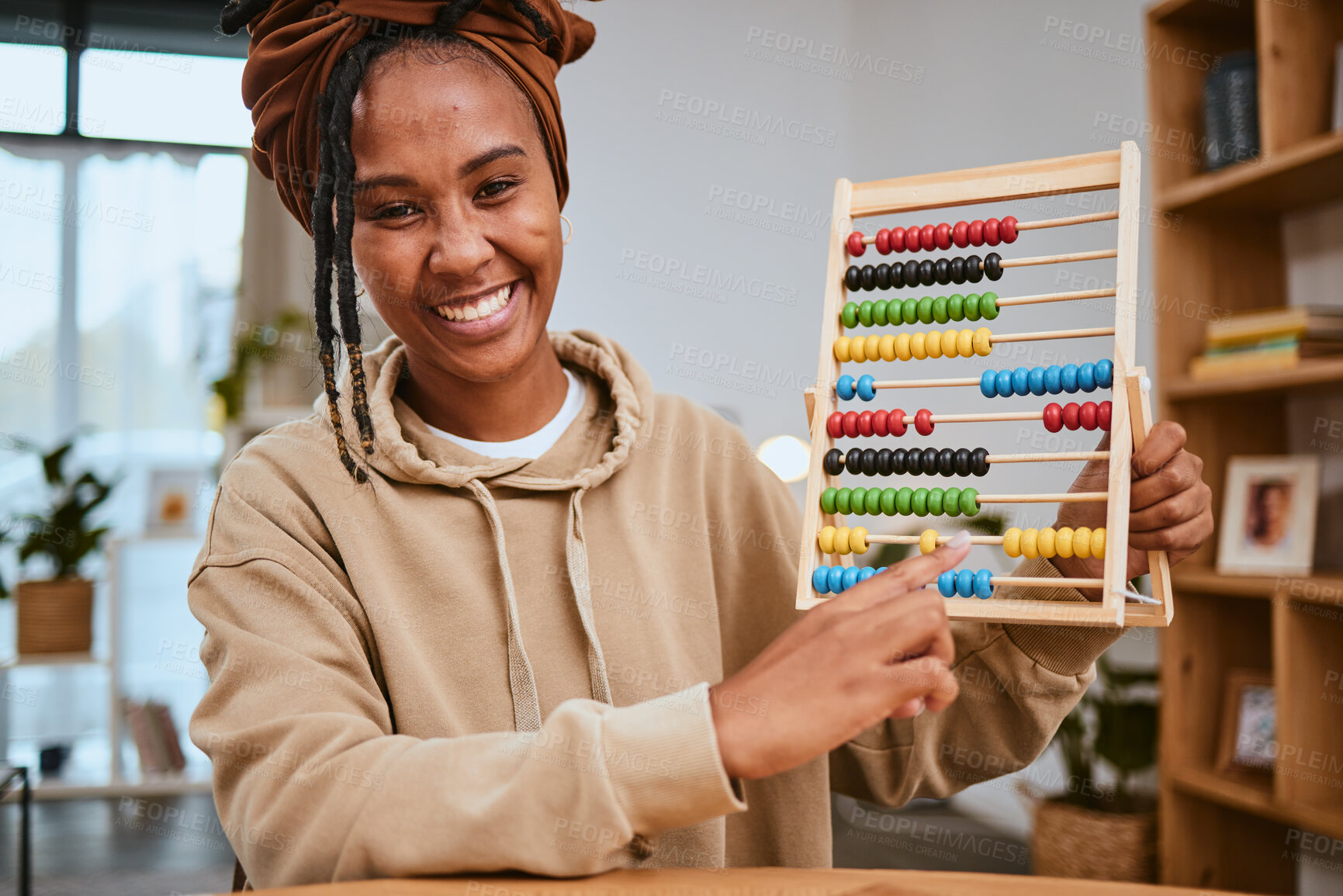 Buy stock photo Black woman, teacher and math with elearning portrait for education, teach with abacus for learning and internet. Online class, study and school webinar with live streaming, numbers and teaching