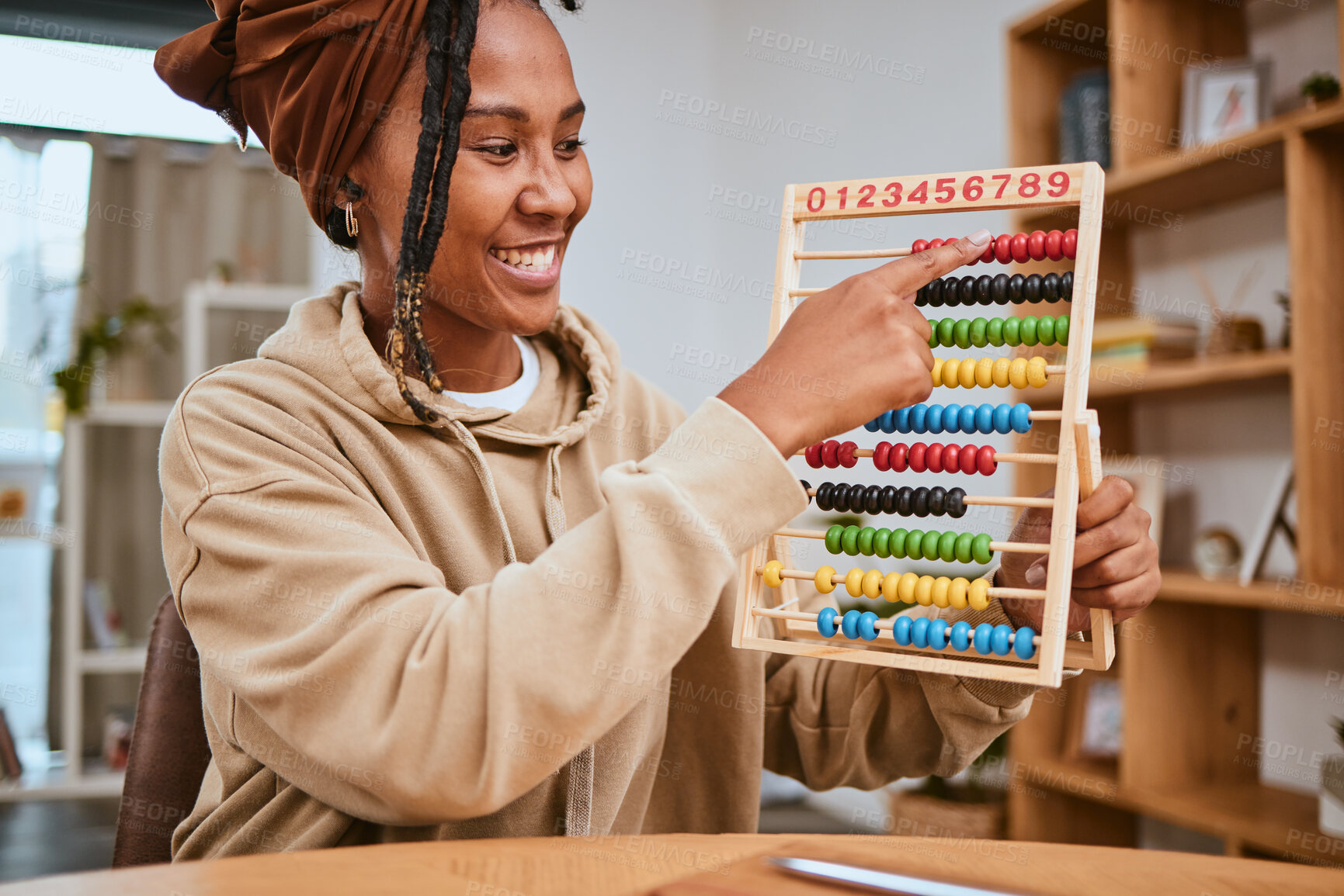 Buy stock photo Black woman, teacher and math with online class for education, teach with abacus for learning and internet connectivity. Elearning, study and school webinar with live streaming, numbers and teaching
