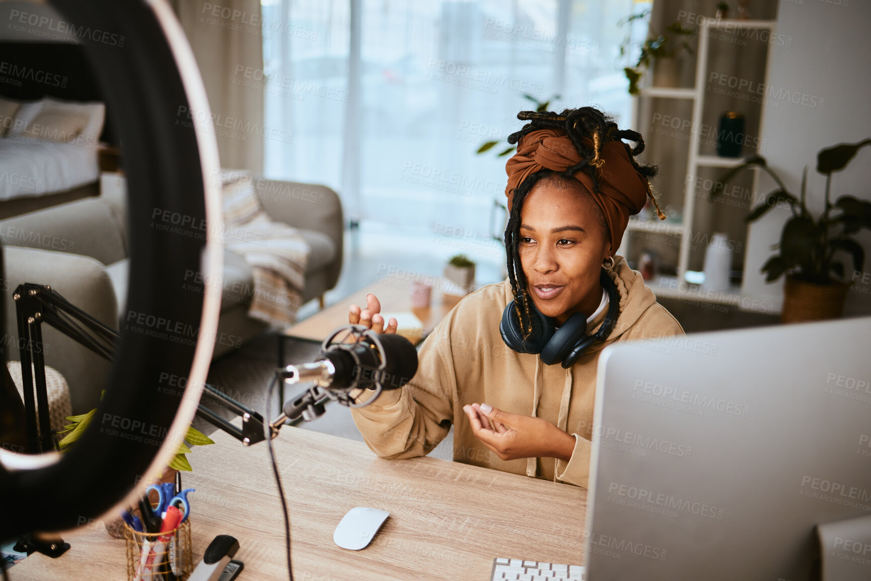 Buy stock photo Online communication, podcast talk show and black woman, radio presenter or speaker talking about teen culture. Girl live streaming, audio microphone and gen z influencer speaking about student news