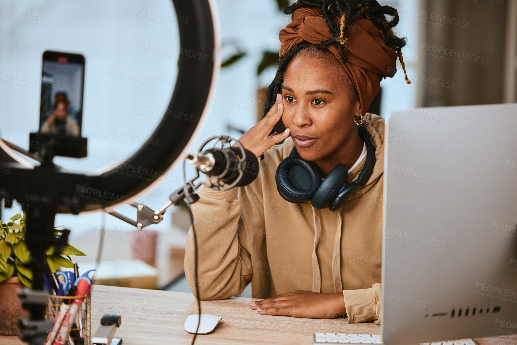 Buy stock photo Communication, phone and presenter streaming podcast, radio talk show or speaker talking about teen culture. Online broadcast microphone, black woman and gen z influencer speaking about student news