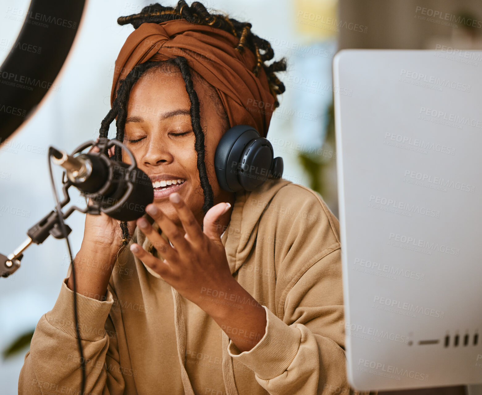 Buy stock photo Communication, radio talk show and black woman, startup podcast presenter or speaker talking about teen culture. Girl live streaming, audio microphone and gen z influencer speaking about student news