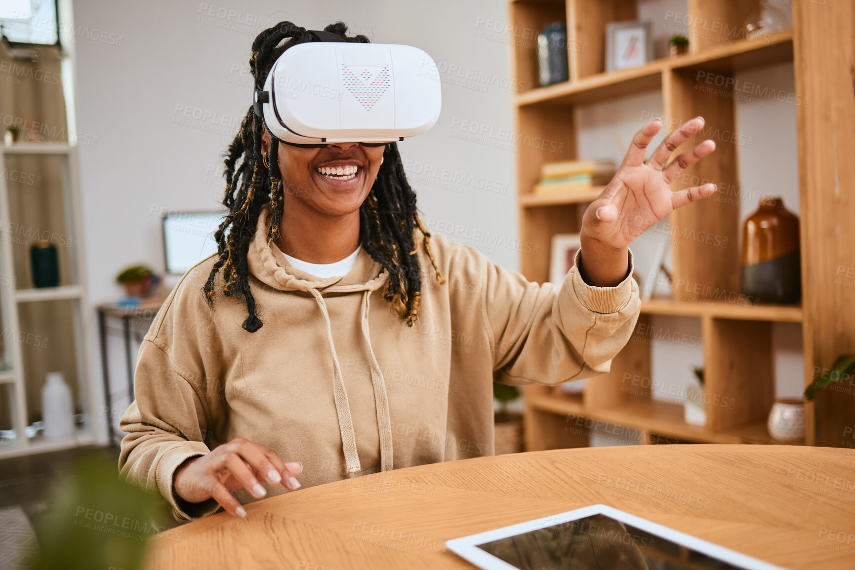 Buy stock photo Virtual reality, vr metaverse or happy woman touch cyber ui dashboard, augmented reality or future ai. Digital transformation, futuristic software study or creative black student working with headset