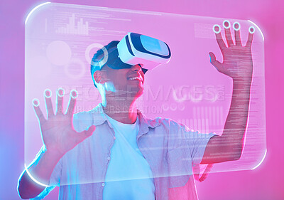 Buy stock photo Vr, 3d futuristic and man in metaverse exploring a cyber world. Digital transformation, virtual reality and male touching ux button, data overlay or ai app, graphics or software on pink background.
