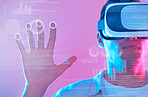 Hand, 3d futuristic and man in virtual reality exploring a cyber world. Digital transformation, metaverse and male touching ux button, data overlay or vr, graphics or software app on neon background.