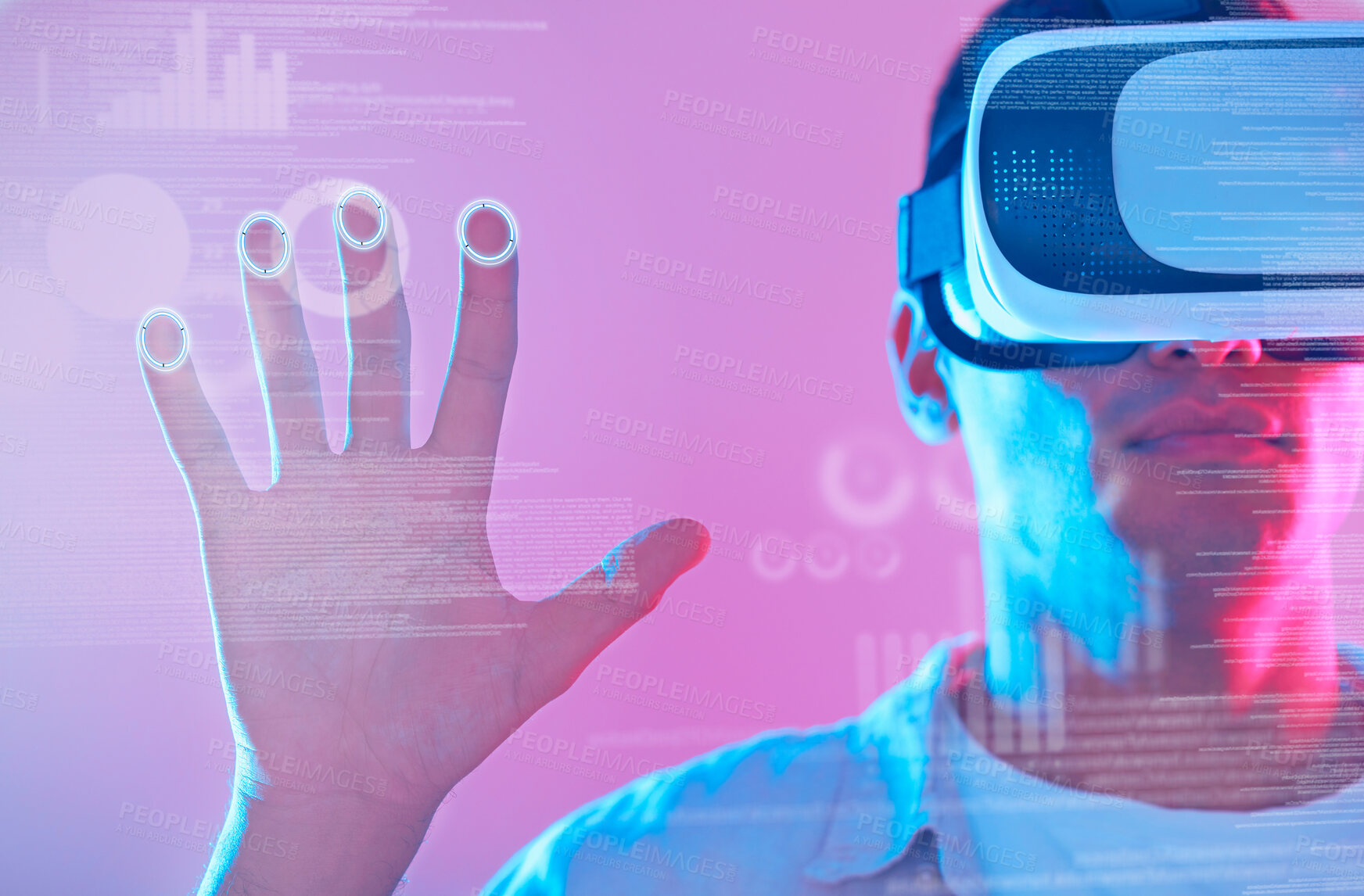 Buy stock photo Hand, 3d futuristic and man in virtual reality exploring a cyber world. Digital transformation, metaverse and male touching ux button, data overlay or vr, graphics or software app on neon background.