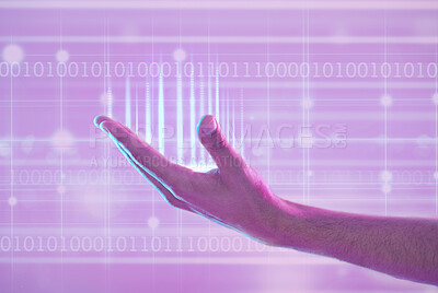 Buy stock photo 3d futuristic, hand and man with binary numbers in metaverse cyber world. Augmented reality, digital transformation and male with data, computing hologram or ux, coding or programmer software in palm