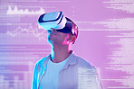Vr, futuristic data and man in metaverse exploring a cyber world with charts, statistics and info. Digital transformation, virtual reality or male with neon graphics, trading or stock market software