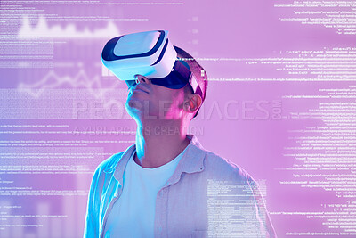 Buy stock photo Vr, futuristic data and man in metaverse exploring a cyber world with charts, statistics and info. Digital transformation, virtual reality or male with neon graphics, trading or stock market software