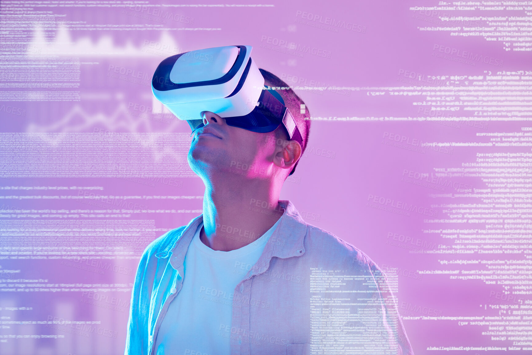 Buy stock photo Vr, futuristic data and man in metaverse exploring a cyber world with charts, statistics and info. Digital transformation, virtual reality or male with neon graphics, trading or stock market software