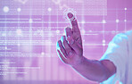 Hand, 3d futuristic and man in metaverse exploring a virtual world. Digital transformation, augmented reality and male touching and pressing ux button, data overlay or ai, graphics or software app.