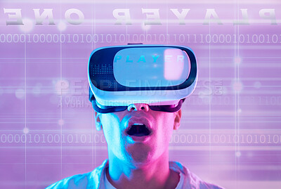 Buy stock photo Wow, futuristic and man in virtual reality metaverse gaming on 3d technology. Surprise, neon and male player exploring vr cyber world, ux or simulation with binary numbers, data and ai information.