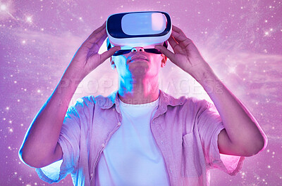 Buy stock photo Futuristic, virtual reality and man in universe space on 3d technology headset. Vr metaverse, pink neon and male exploring a future cyber galaxy, aerospace or stars, gaming and ai simulation online.