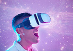 Wow, futuristic and man in vr universe exploring a cyber space world. Surprise, shock and male in virtual reality, metaverse or exploration of galaxy stars, neon and simulation with 3d technology.