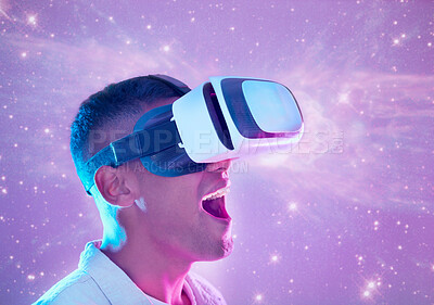 Buy stock photo Wow, futuristic and man in vr universe exploring a cyber space world. Surprise, shock and male in virtual reality, metaverse or exploration of galaxy stars, neon and simulation with 3d technology.