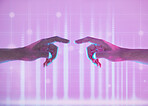 Metaverse, touching and hands of people in digital world for connection, communication and social network. Futuristic, neon and fingers for vr experience, connectivity and creative innovation