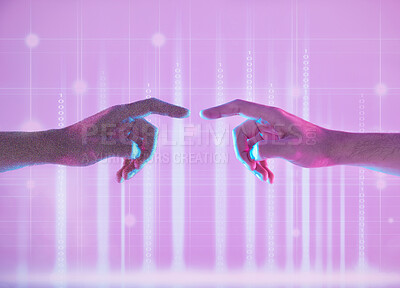 Buy stock photo Metaverse, touching and hands of people in digital world for connection, communication and social network. Futuristic, neon and fingers for vr experience, connectivity and creative innovation